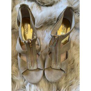 Michael Kors Beige Wedge Heels With Zipper & Basket Weave Design